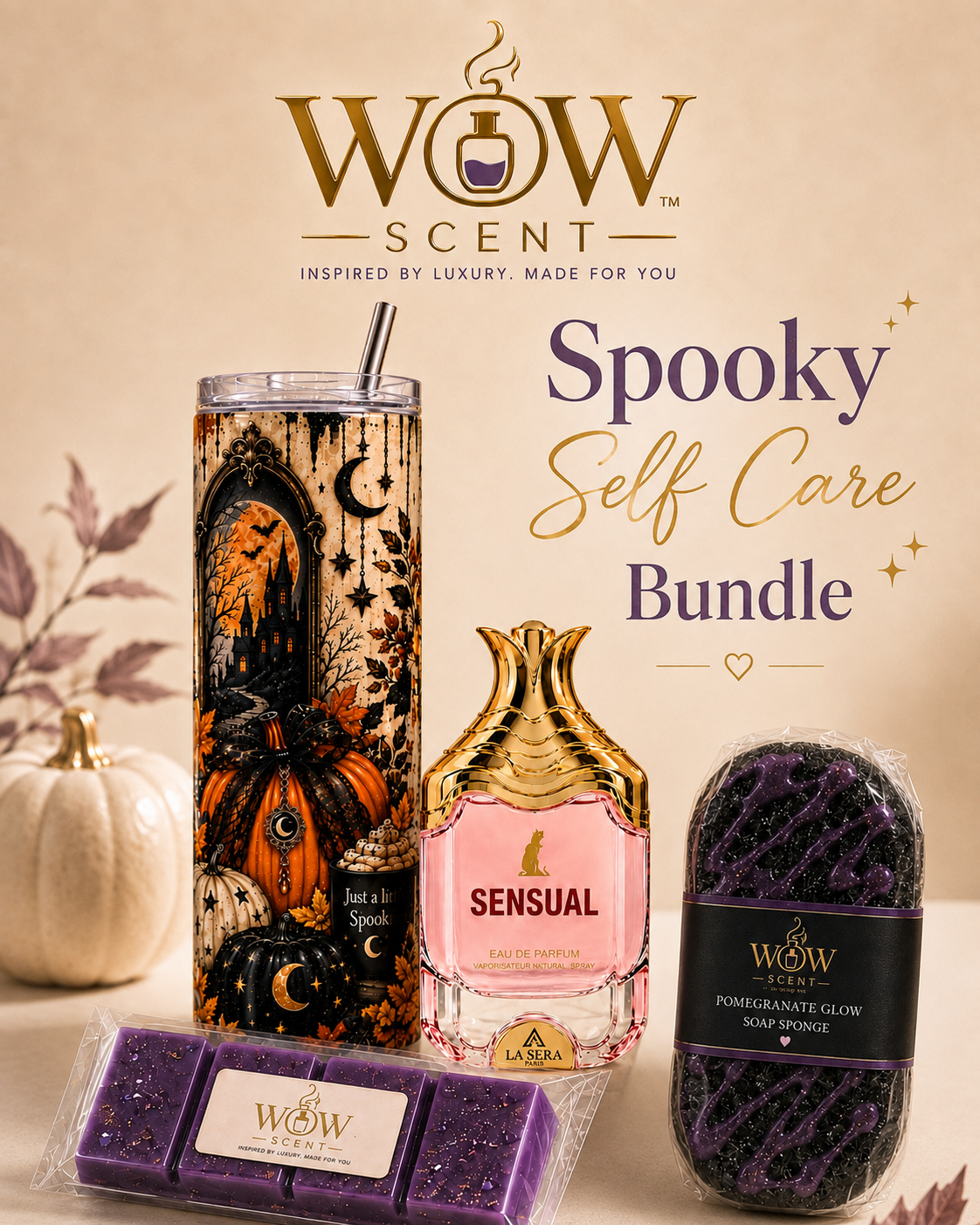 Spooky Self Care Bundle | Halloween Tumbler, Fragrance, Wax Melt & Soap Sponge