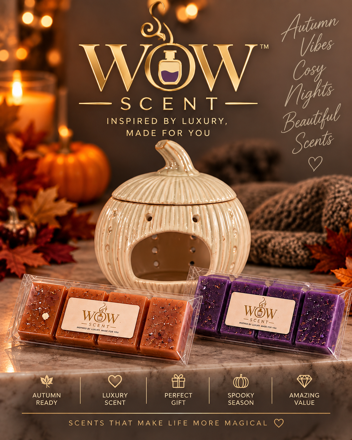 Autumn Wax Melt Burner Gift Set | Pumpkin Burner & 2 WOW Scent Wax Melts